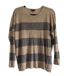 Eileen Fisher Striped Merino Lyocell Sweater L Gray Beige Relaxed Quiet Luxury